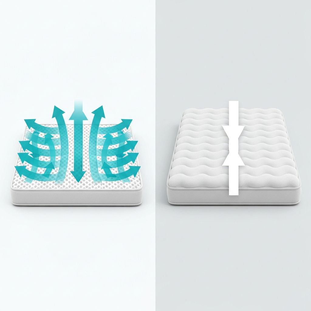 Side-by-side airflow diagram comparing Newton Wovon-Air mattress versus a traditional foam mattress