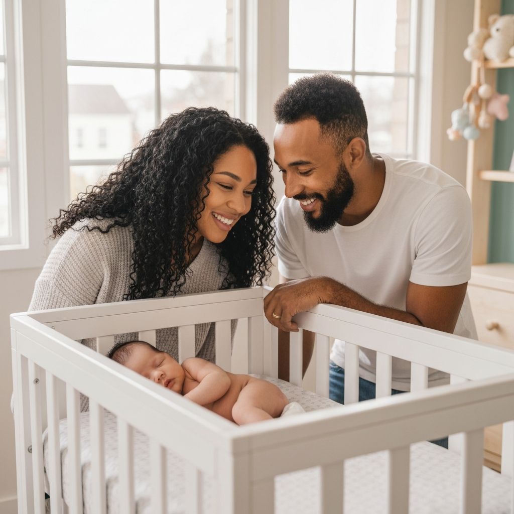 Happy parents watching their newborn baby sleep safely in a Newton crib