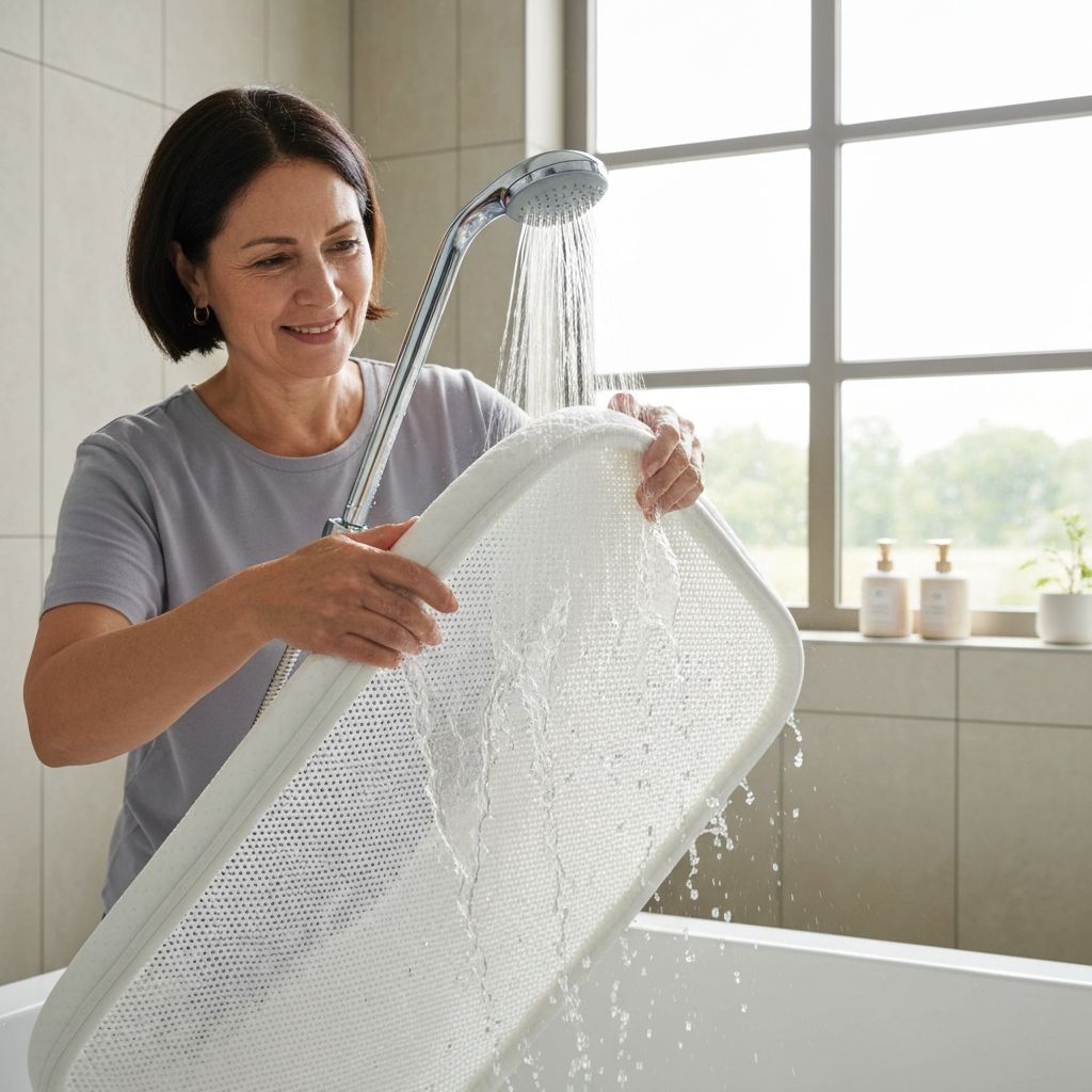 Parent rinsing the Newton Wovon-Air core under a shower — demonstrating the 100% washable design
